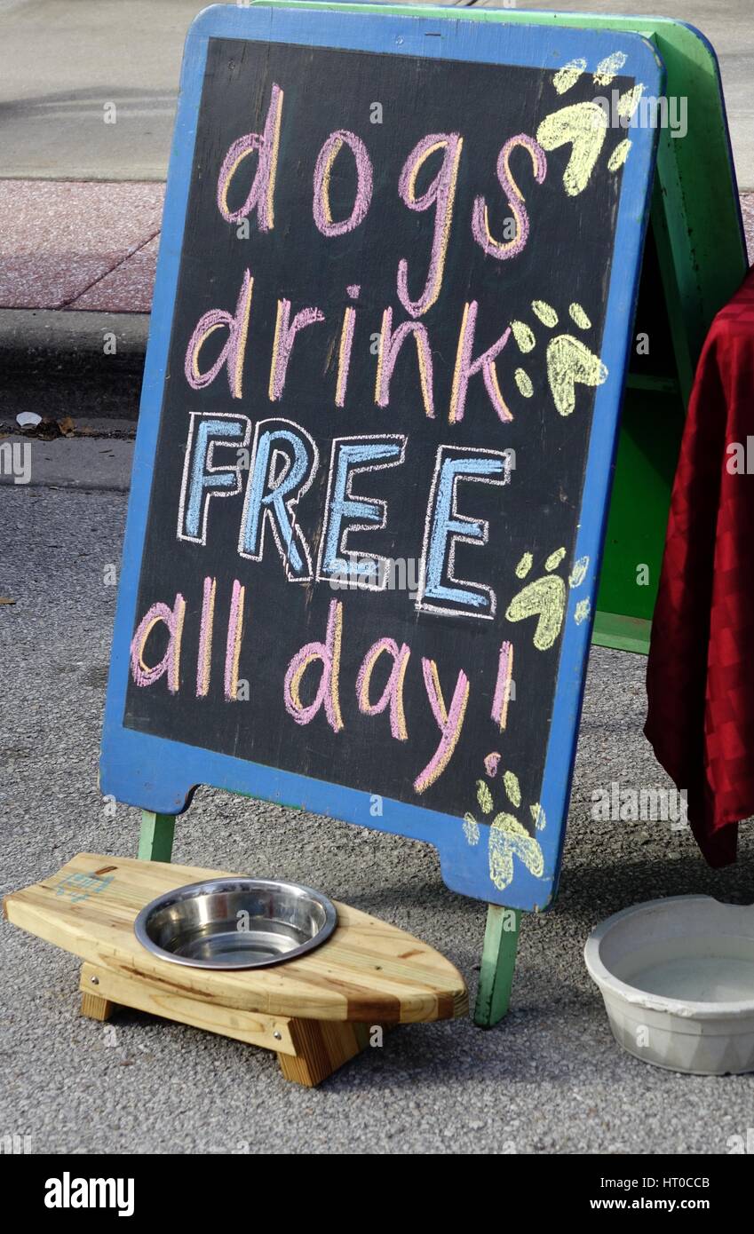 Water dish for dogs in New Smyrna Beach, Florida. Sign says 'dogs drink free all day' Stock Photo