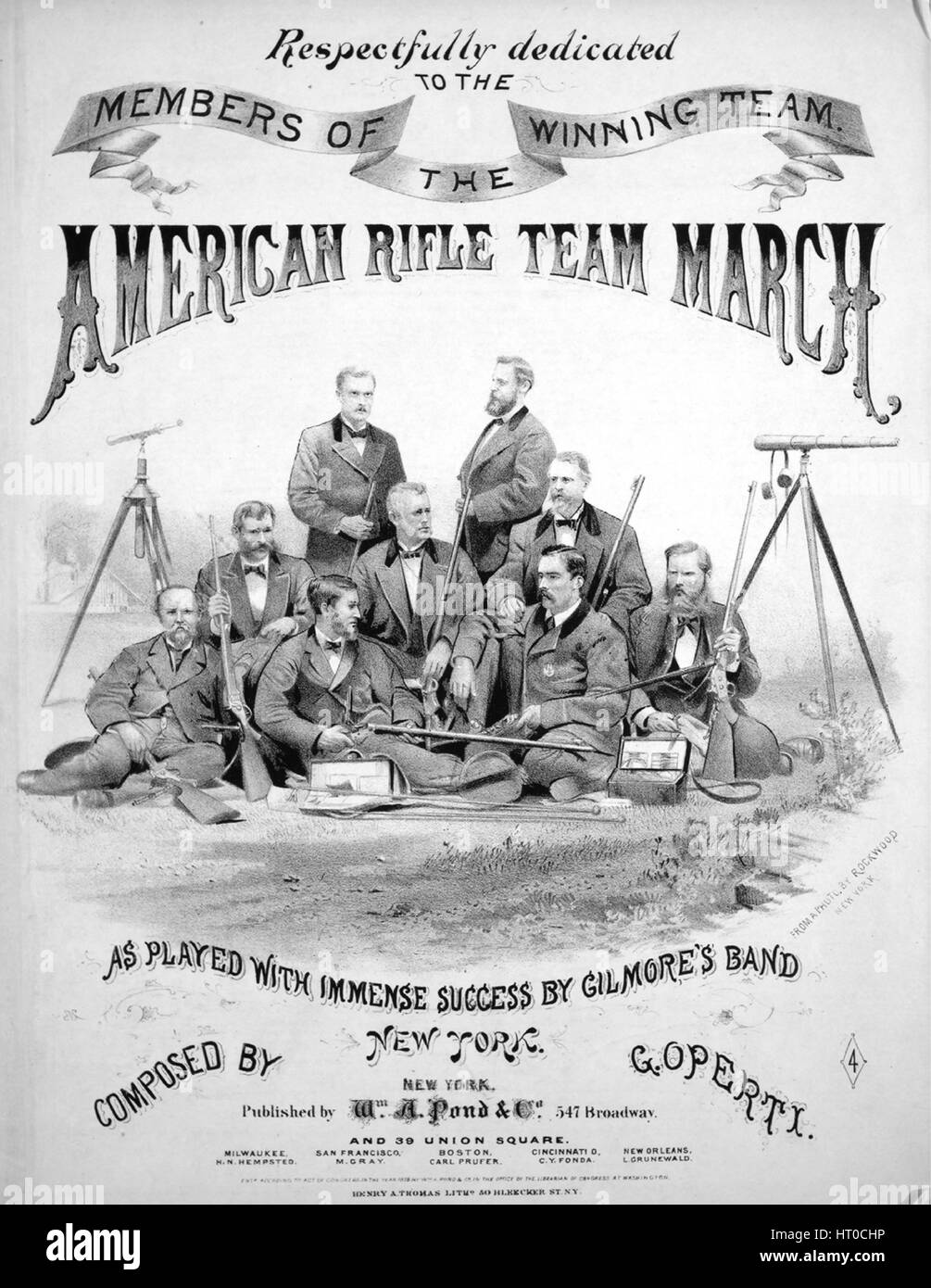 Sheet music cover image of the song 'American Rifle Team Victory March', with original authorship notes reading 'Composed and arranged by G Operti', United States, 1875. The publisher is listed as 'Wm. A. Pond and Co., 547 Broadway', the form of composition is 'sectional', the instrumentation is 'piano', the first line reads 'None', and the illustration artist is listed as 'From a Photo. by Rockwood New York; Henry A. Thomas Litho. 50 Bleeker St. N.Y.'. Stock Photo