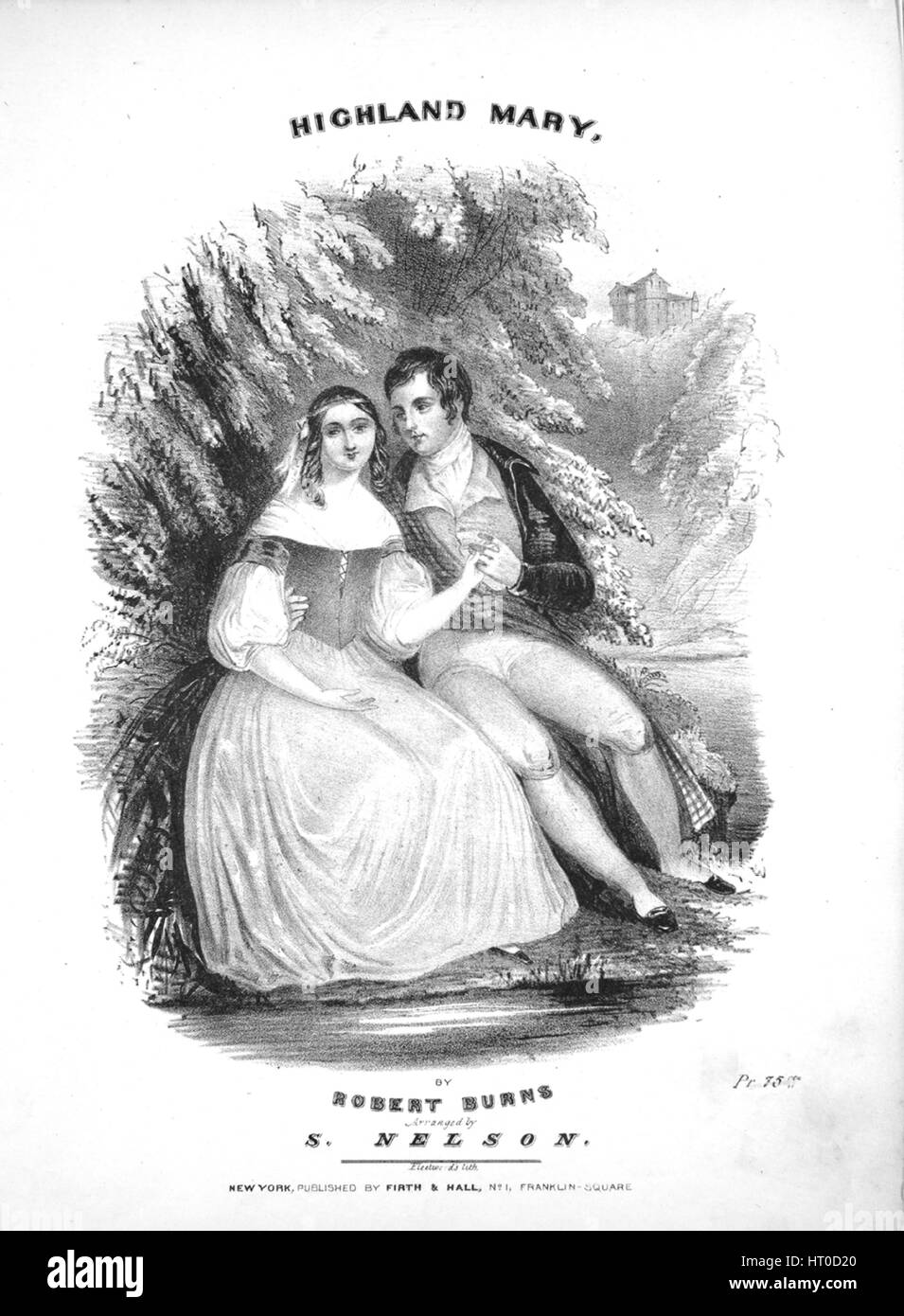 Sheet music cover image of the song 'Highland Mary', with original authorship notes reading 'Poetry By Robert Burns Arranged by S Nelson', United States, 1900. The publisher is listed as 'Firth and Hall, No.1, Franklin Square', the form of composition is 'strophic', the instrumentation is 'piano and voice', the first line reads 'Ye banks, and braes, and streams around, the castle o' Montgomery', and the illustration artist is listed as 'Fleetwood's lith.'. Stock Photo