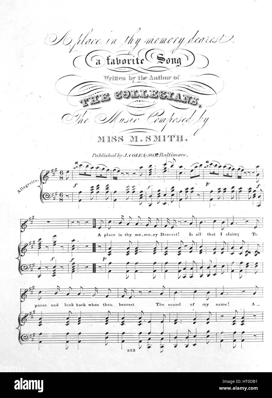 Sheet music cover image of the song 'A Place in Thy Memory Dearest A Favorite Song', with original authorship notes reading 'Written by the Author of The Collegians The Music Composed by Miss M Smith', United States, 1900. The publisher is listed as 'John Cole and Son', the form of composition is 'strophic', the instrumentation is 'piano and voice', the first line reads 'A place in thy memory Dearest! Is all that I claim', and the illustration artist is listed as 'None'. Stock Photo