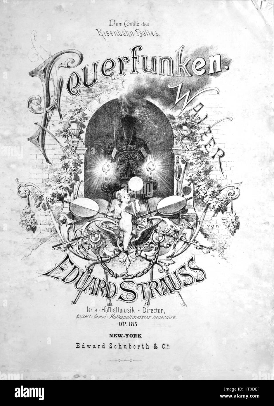 Sheet music cover image of the song 'Dem Comite des Eisenbahn Balles Feuerfunken Walzer', with original authorship notes reading 'Eduard Strauss', United States, 1900. The publisher is listed as 'Edward Schuberth and Cie.', the form of composition is 'five sectional waltzes, with introduction and coda', the instrumentation is 'piano', the first line reads 'None', and the illustration artist is listed as 'None'. Stock Photo