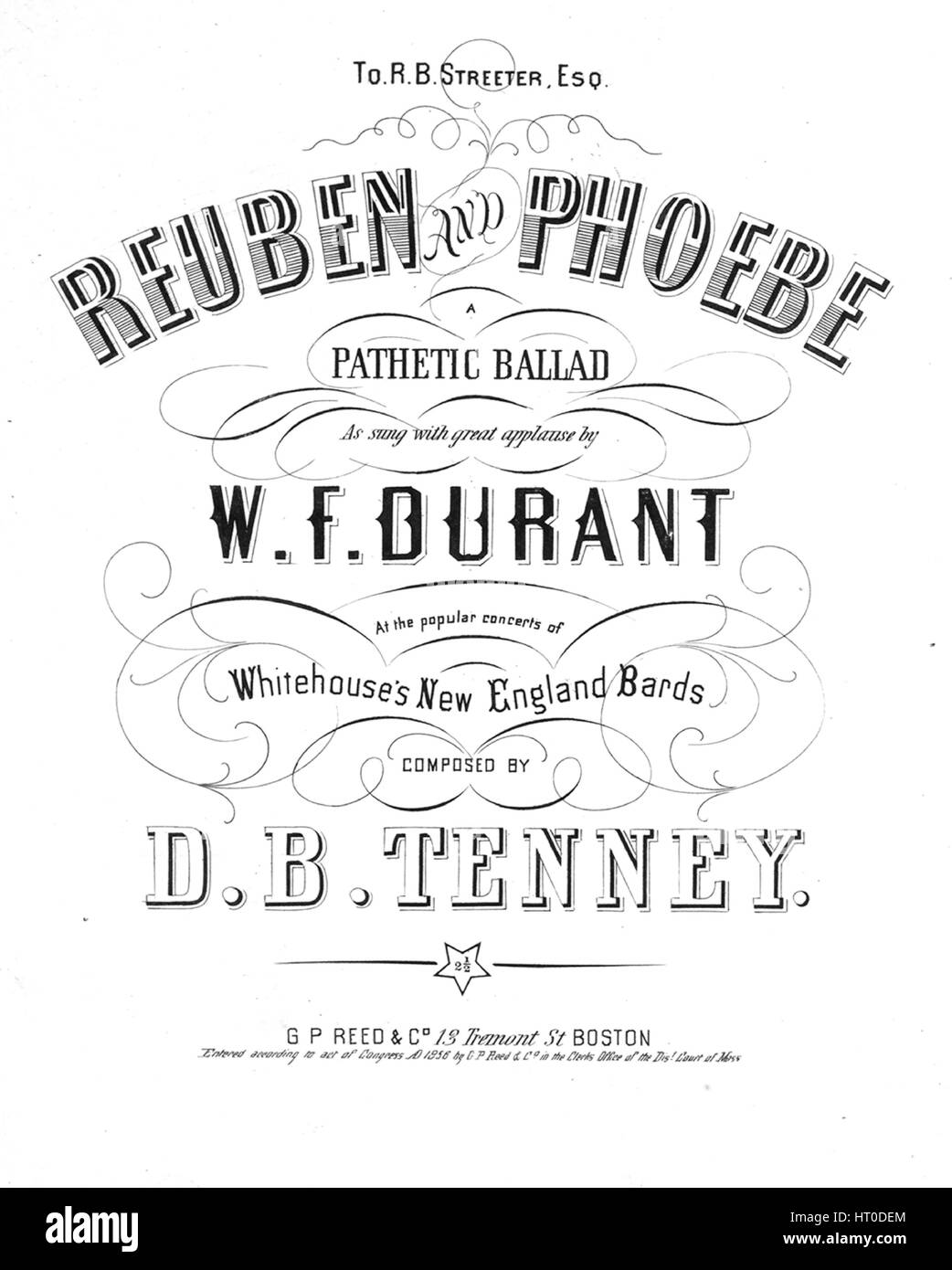 Sheet music cover image of the song 'Reuben and Phoebe A Pathetic Ballad', with original authorship notes reading 'Composed By DB Tenney', United States, 1856. The publisher is listed as 'G.P. Reed and Co., 13 Tremont St.', the form of composition is 'strophic', the instrumentation is 'piano and voice', the first line reads 'In Manchester a maiden dwelt, whose name was Phoebe Brown, her cheeks were red, her eyes black', and the illustration artist is listed as 'F. Gockeritz'. Stock Photo