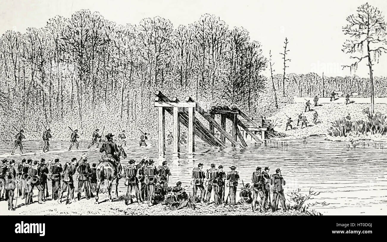 Skirmishers crossing the North Edisto, South Carolina, on a floating foot bridge, American Civil War Stock Photo