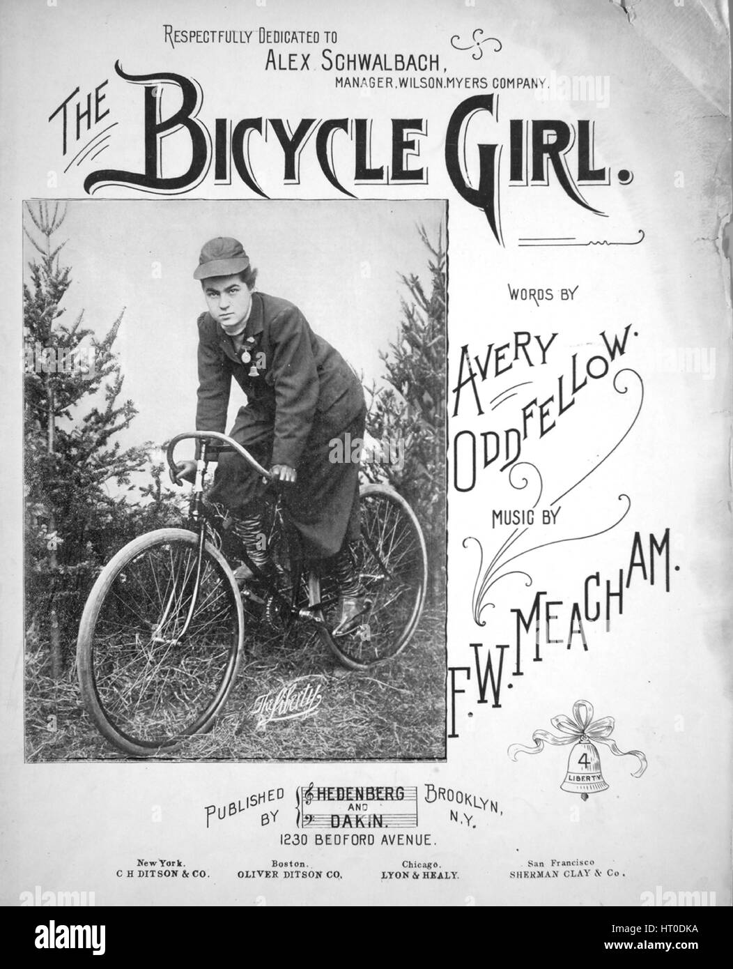 Sheet music cover image of the song 'The Bicycle Girl', with original authorship notes reading 'Words by Avery Oddfellow Music by FW Meacham', 1895. The publisher is listed as 'Hedenberg and Dakin, 1230 Bedford Avenue', the form of composition is 'strophic with chorus', the instrumentation is 'piano and voice', the first line reads 'Oh, the bicycle girl, when she gets on the road, Is bound neck or nothing to go!', and the illustration artist is listed as 'photo of unidentified women by Liberty [studios]'. Stock Photo