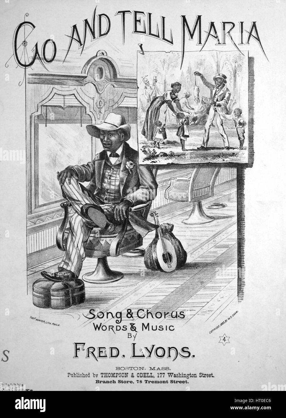 Sheet music cover image of the song 'Go And Tell Maria Song and Chorus', with original authorship notes reading 'Words and Music by Fred Lyons', United States, 1883. The publisher is listed as 'Thompson and Odell, 177 Washington Street, Branch Store, 78 Tremont St.', the form of composition is 'strophic with chorus', the instrumentation is 'piano and voice', the first line reads 'De winds don't blow nor de rain don't fall, Go and tell Maria', and the illustration artist is listed as 'Thos. Hunter, Lith. Phila.; Wm. H. Keyser and Co., Music Typographers, 921 Arch St., Philada.'. Stock Photo