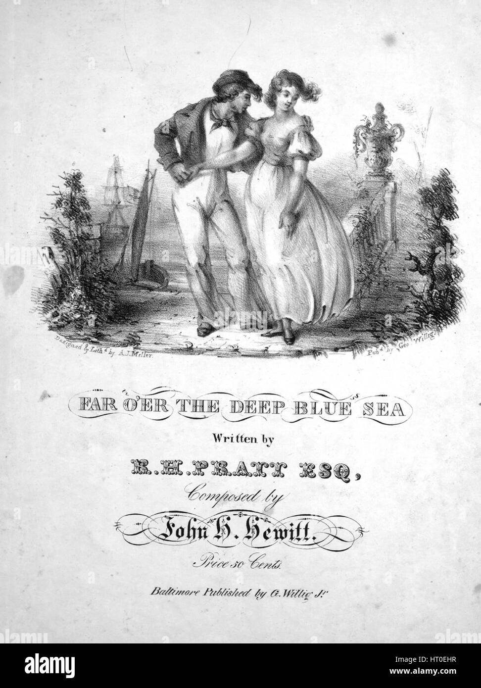 Sheet music cover image of the song 'Far O'er the Deep Blue Sea A Serenade', with original authorship notes reading 'Written by RH Pratt, Esq; Composed by John H Hewitt', United States, 1834. The publisher is listed as 'G. Willig, Jr.', the form of composition is 'strophic with refrain', the instrumentation is 'piano and voice', the first line reads 'The moon is beaming brightly love, Upon the deep blue sea First line of refrain Far o'er the deep blue sea', and the illustration artist is listed as 'Designed and Lithd. by A.J. Miller'. Stock Photo