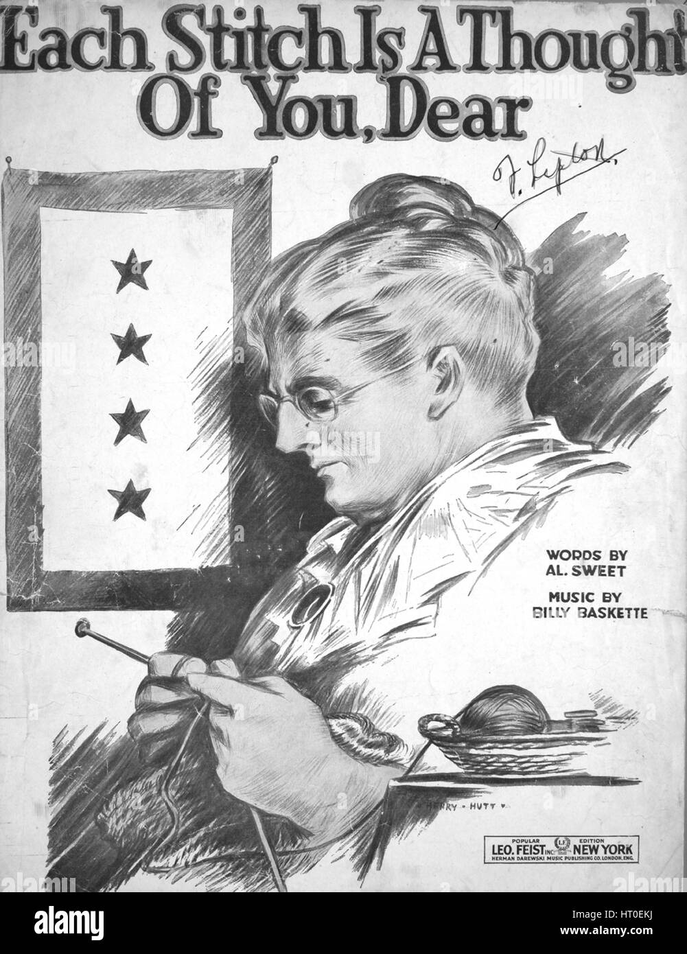 Sheet music cover image of the song 'Each Stitch is a Thought of You, Dear', with original authorship notes reading 'Words by Al Sweet Music by Billy Baskette', United States, 1918. The publisher is listed as 'Leo Feist, Inc.', the form of composition is 'strophic with chorus', the instrumentation is 'piano and voice', the first line reads 'By the lamplight's glow in the eveing sits a mother old and grey', and the illustration artist is listed as 'Henry Hutt'. Stock Photo