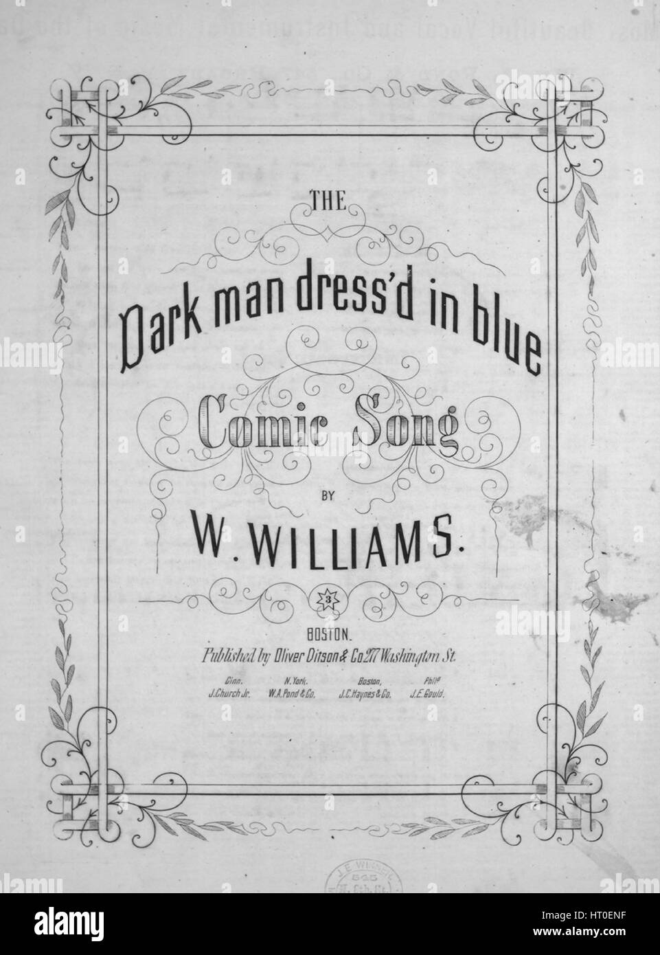 Sheet music cover image of the song 'The Dark Man Dress'd in Blue Comic Song', with original authorship notes reading 'By Watkin Williams', United States, 1900. The publisher is listed as 'Oliver Ditson and Co., 277 Washington St.', the form of composition is 'strophic with chorus', the instrumentation is 'piano and voice', the first line reads 'I was brought up by a maiden aunt, who died a few years back', and the illustration artist is listed as 'None'. Stock Photo