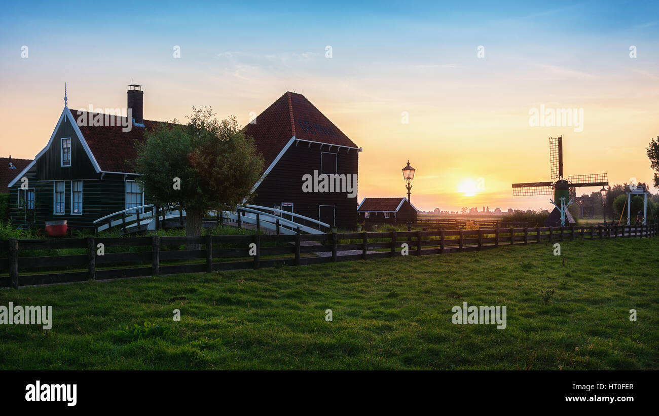 Early morning in a small Dutch village of Zaanse Schans. Stock Photo