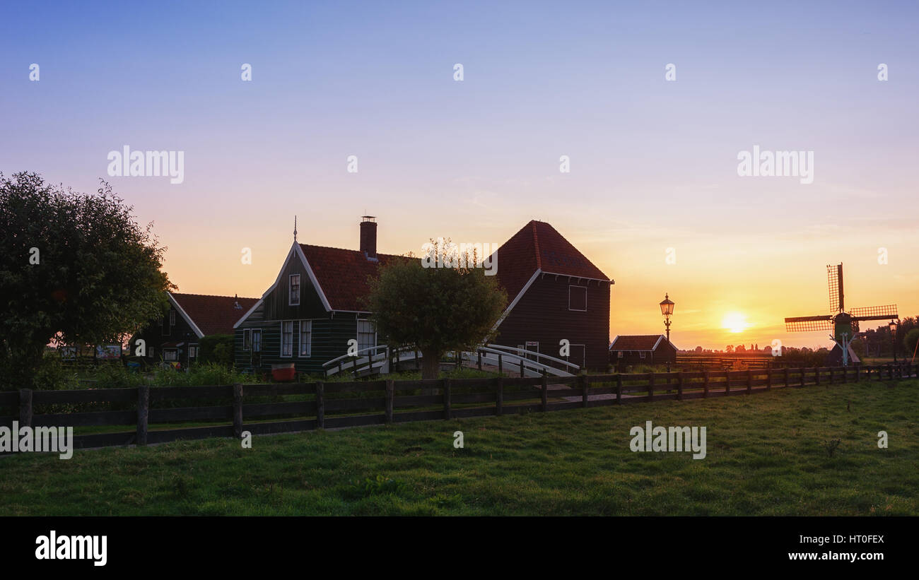 Early morning in a small Dutch village of Zaanse Schans. Stock Photo