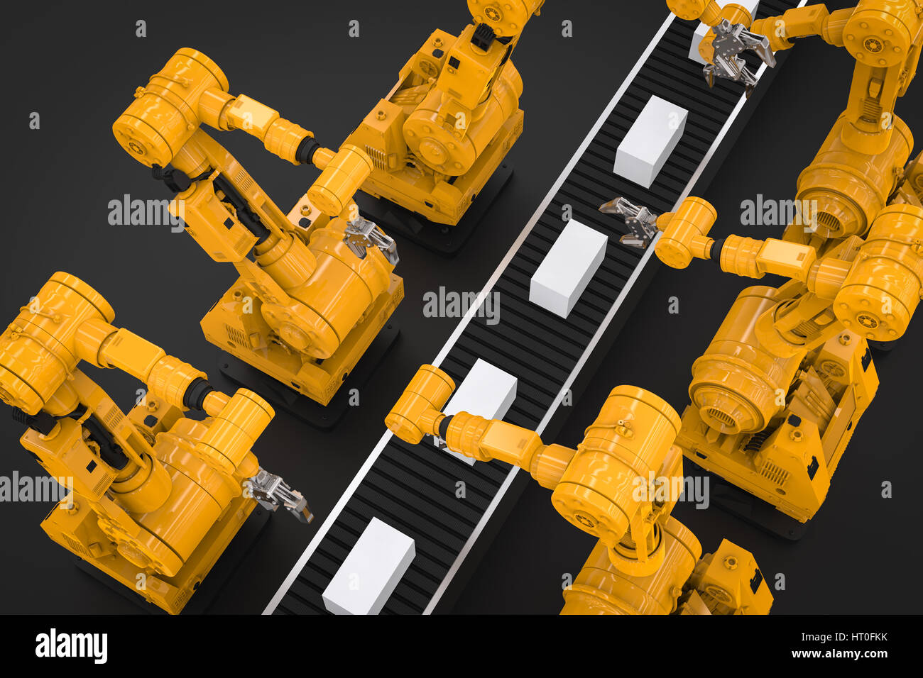3d rendering robotic arms with boxes on conveyor belt Stock Photo Alamy