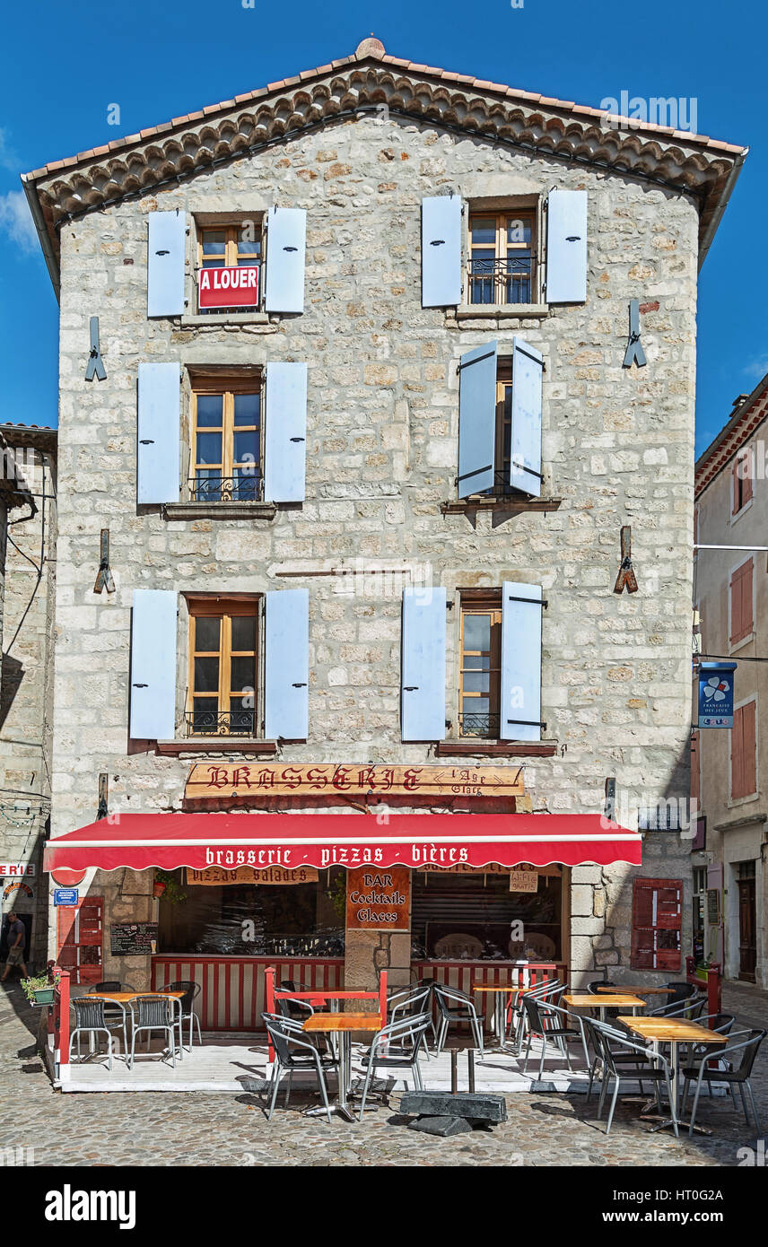 Largentiere, France, September 17, 2015: Image of restaurants in a streets  in the center of Les Vans in the Ardeche region of France Stock Photo -  Alamy