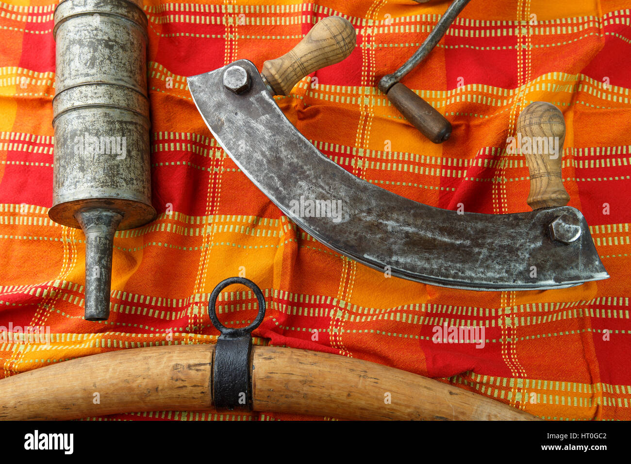 Old kitchen tools for the production of meat products - sausages Stock ...
