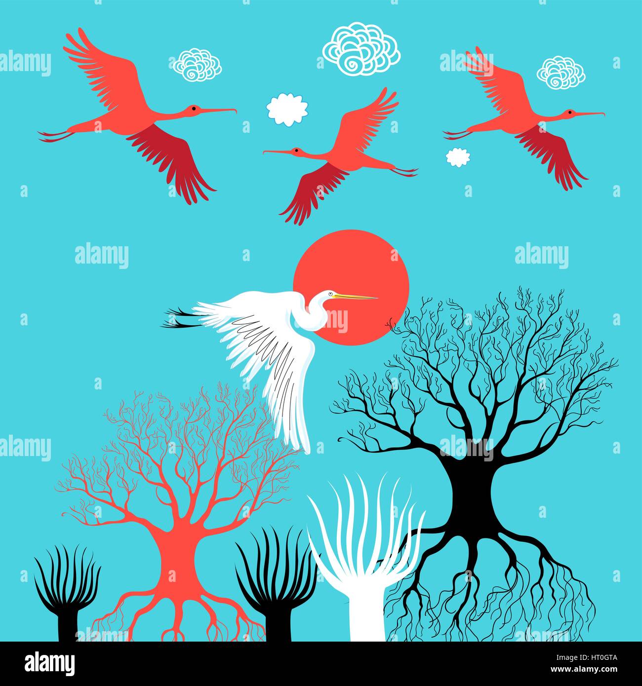 Vector illustration with herons and ibises fly over trees Stock Vector