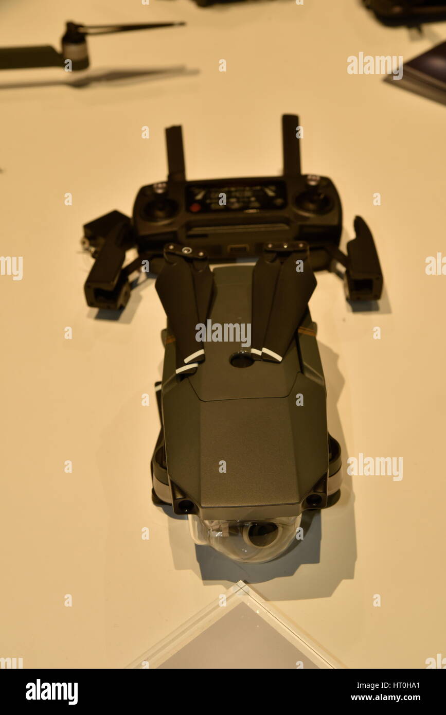 Close up of DJI Mavic Pro consumer drone on display in the DJI exhibit booth at the CES 2017. Video, photography, flight, surveillance. Stock Photo