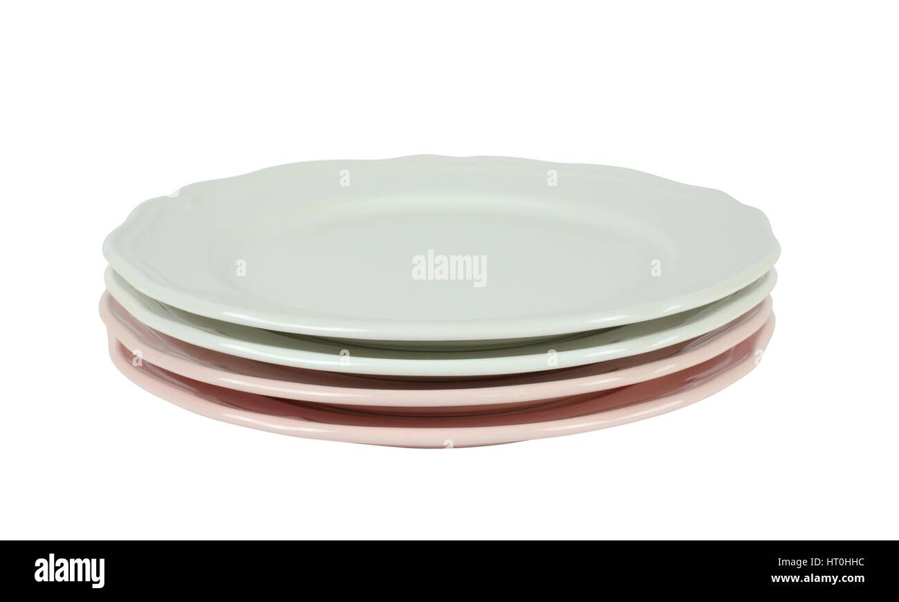 Stack of pink and white fine porcelain plates on white background Stock ...