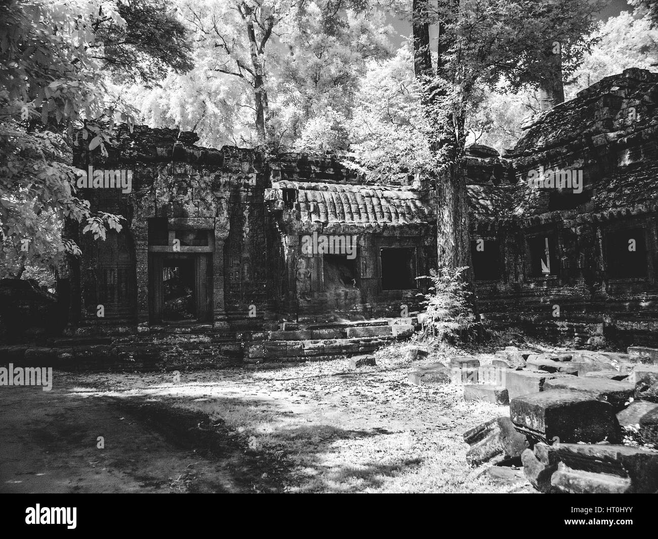 Infrared image of Khmer architechture in Angkor wat, Cambodia Stock Photo