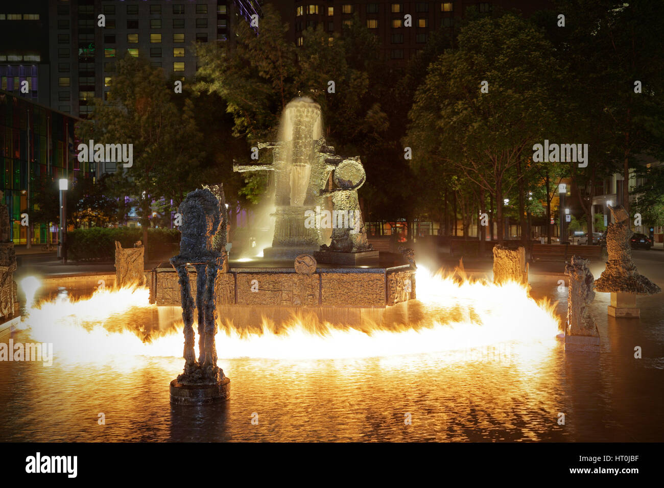 The Ring Of Fire Around The Joute Fountain On Place Jean Paul Riopelle At Night Montreal Quebec Canada Stock Photo Alamy