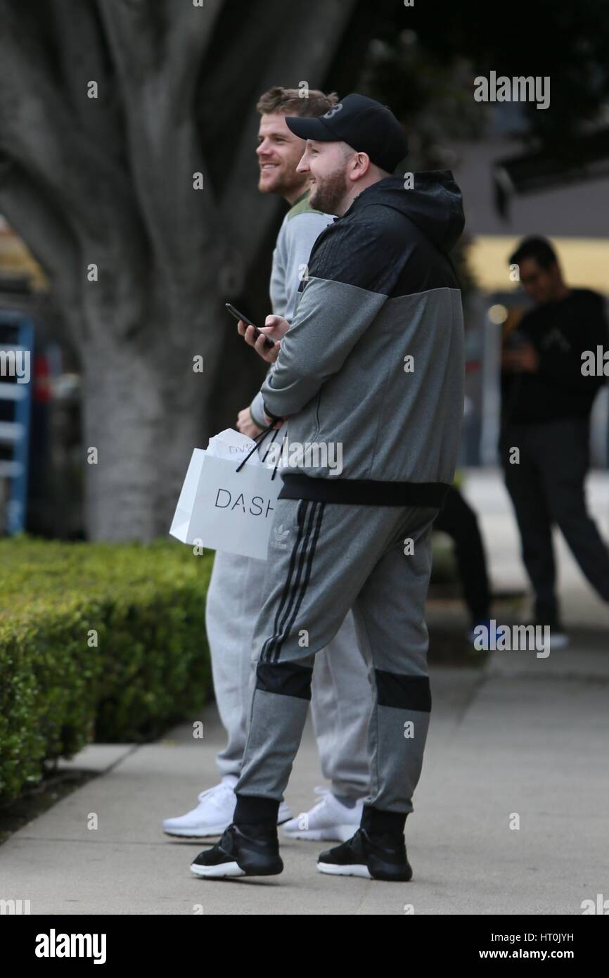 Callum Johnson out and about with a friend waiting to catch a glimpse of Emma Roberts who was at a hair salon  Featuring: Callum Johnson Where: Los Angeles, California, United States When: 03 Feb 2017 Stock Photo