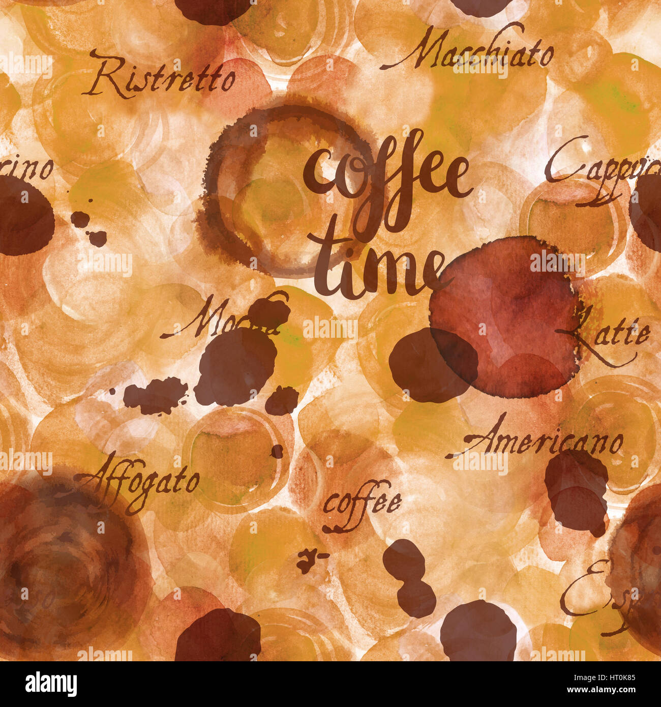 A seamless pattern with the handwritten words Coffee Time, cup rings