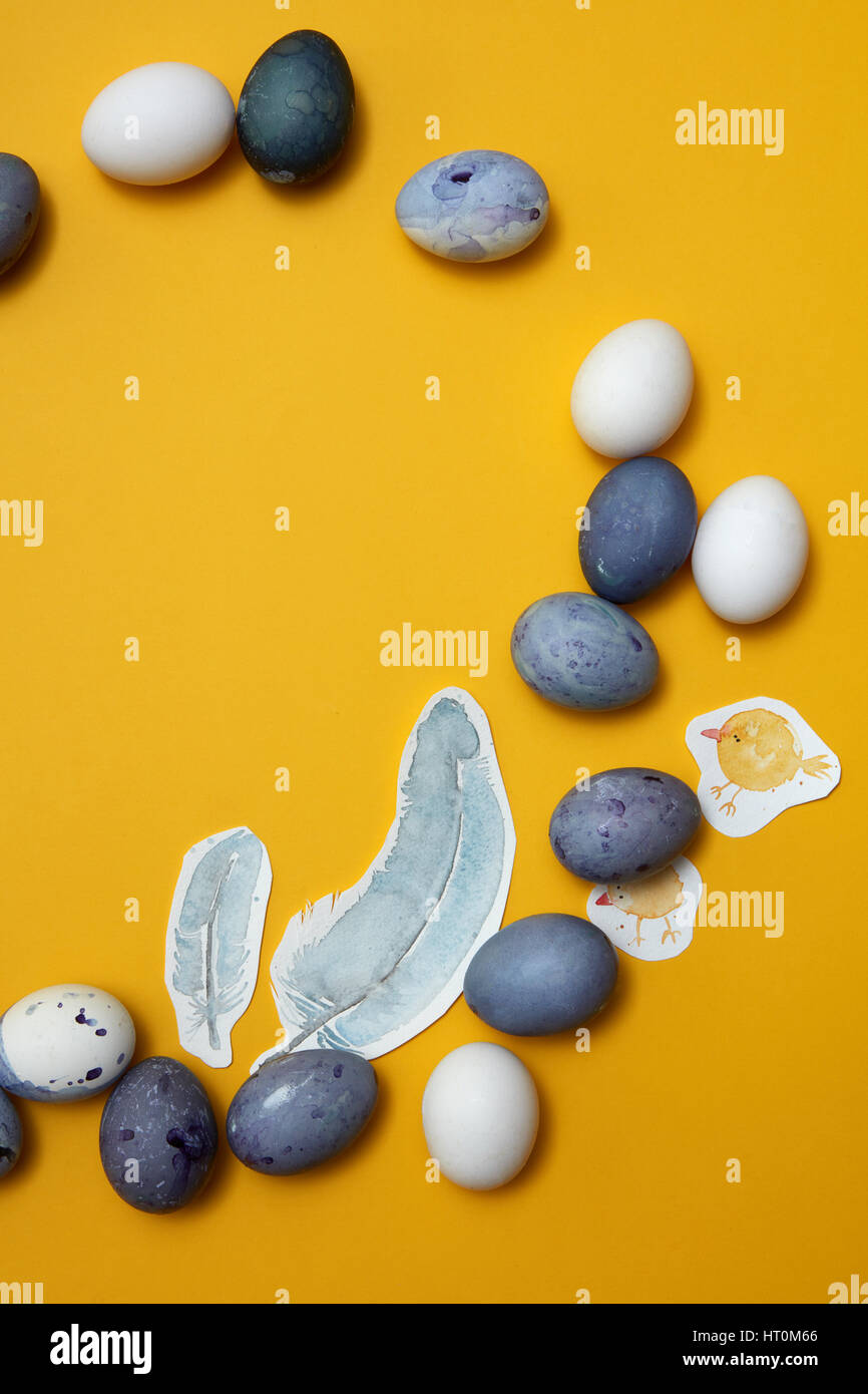 eggs and painted feathers on a yellow background, flat lay Stock Photo ...