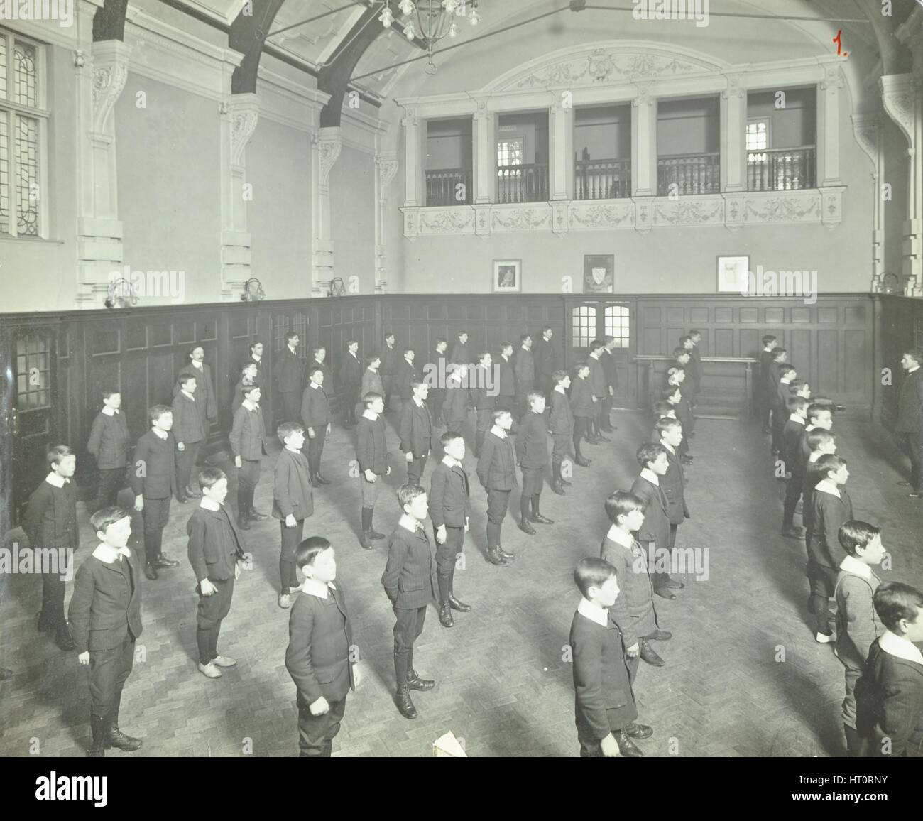 Boys lined up in the assembly hall, Beaufoy Institute, London, 1911. Artist: Unknown. Stock Photo