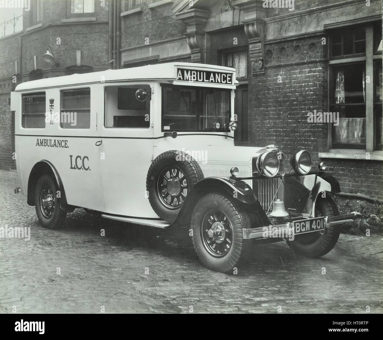 London County Council ambulance, Deptford, 1935. Artist: Unknown. Stock Photo