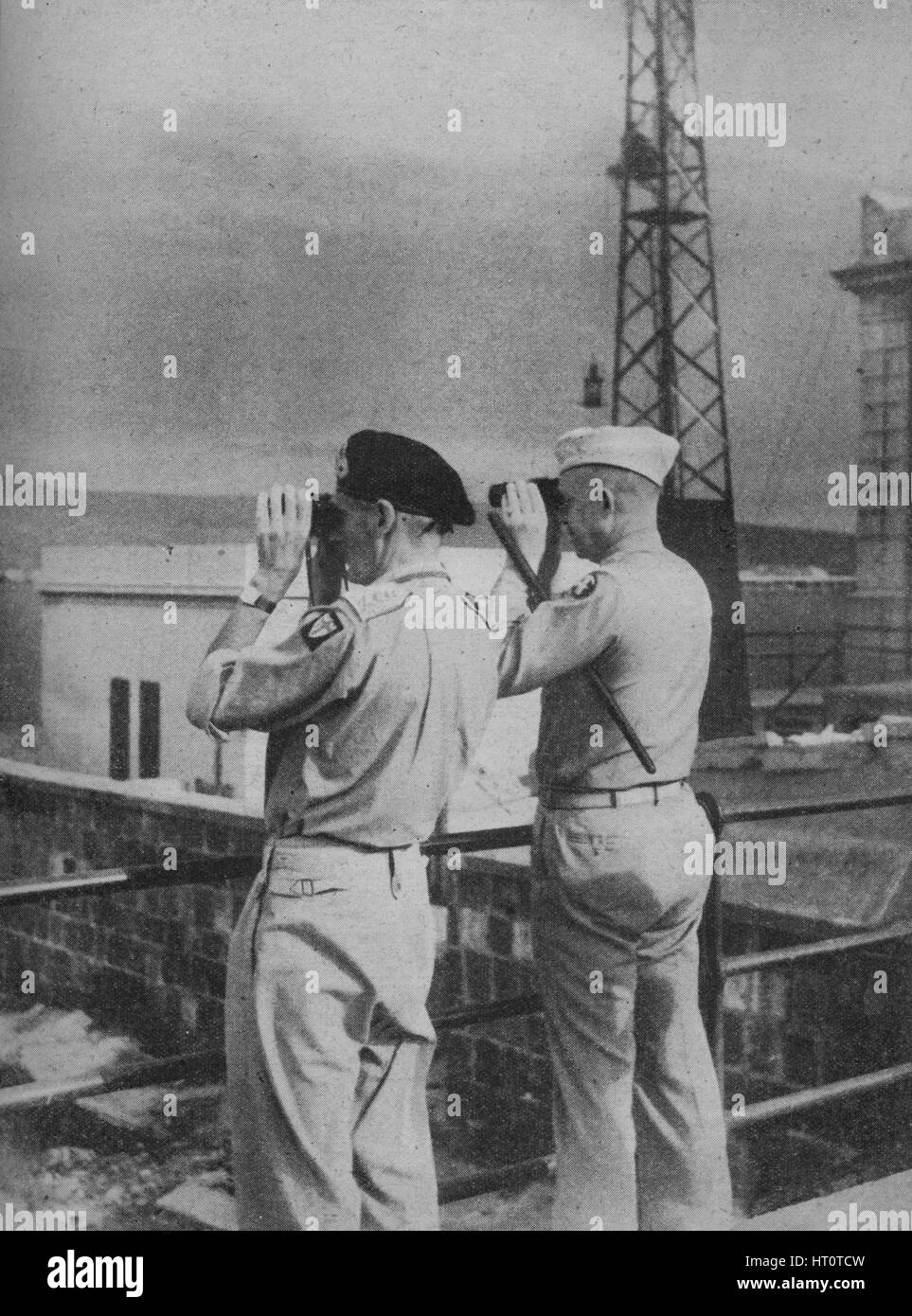 'Generals Montgomery and Eisenhower view from a balcony in Messina the Italian Mainland', 1943-44. Artist: Unknown. Stock Photo