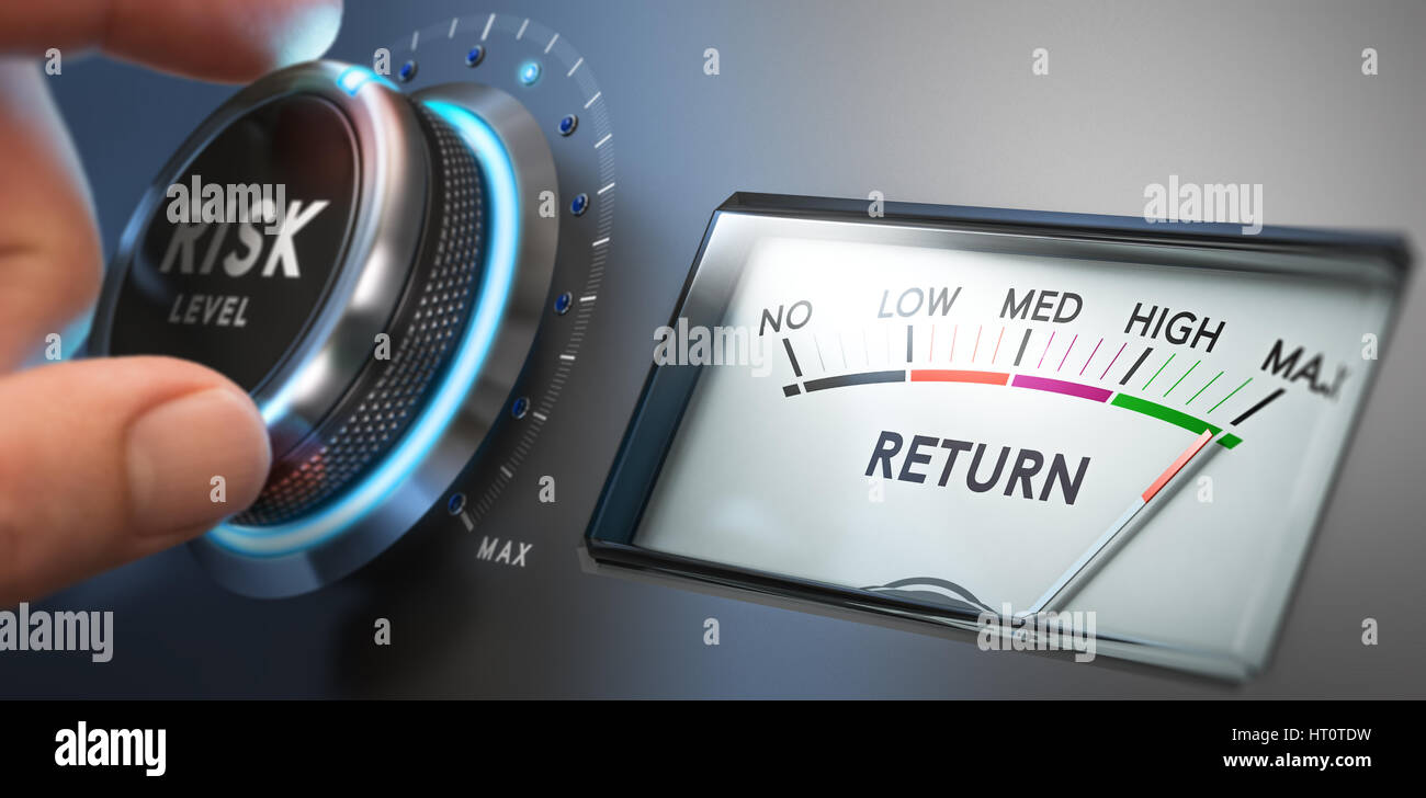 Man turning risk selector button to the medium position. Investment and financial concept. Composite image between a hand photography and a 3D backgro Stock Photo