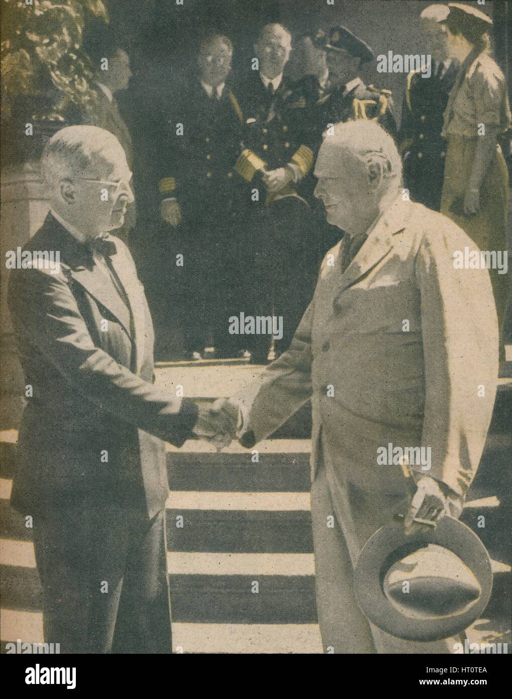 'Warm Handshake Between Premier and President', 1945. Artist: Unknown. Stock Photo