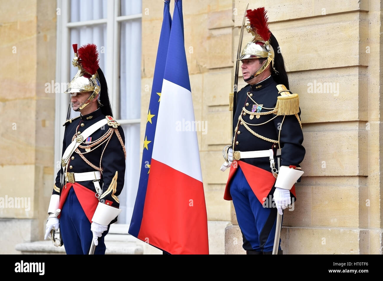 PARIS, FRANCE - JUNE 10: Hotel Matignon Republican Guards of honor during a welcome ceremony on JUNE 10, 2016 in Paris. Matignon is the official resid Stock Photo