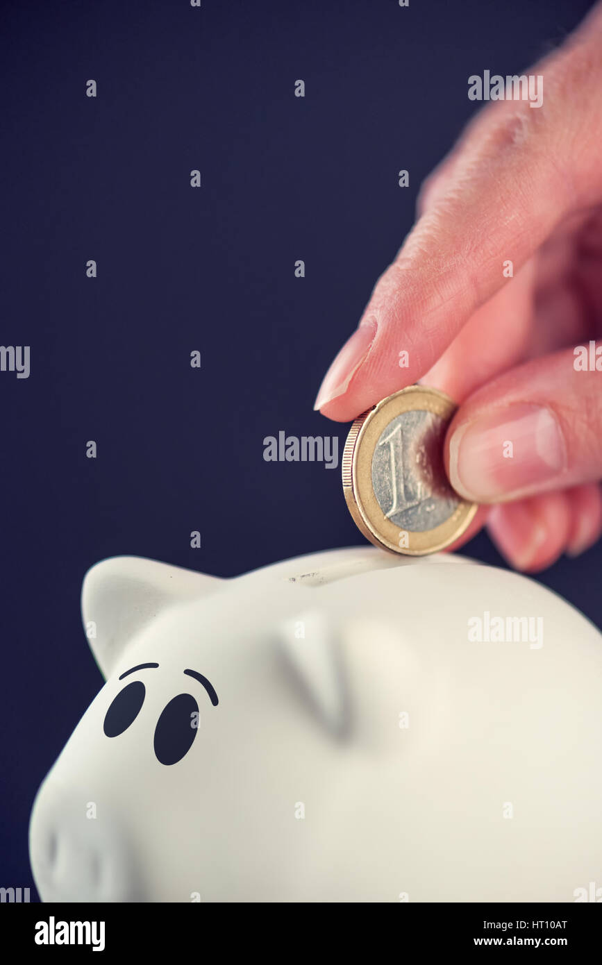 Woman putting one euro coin in piggy bank, money savings and home budget concept Stock Photo