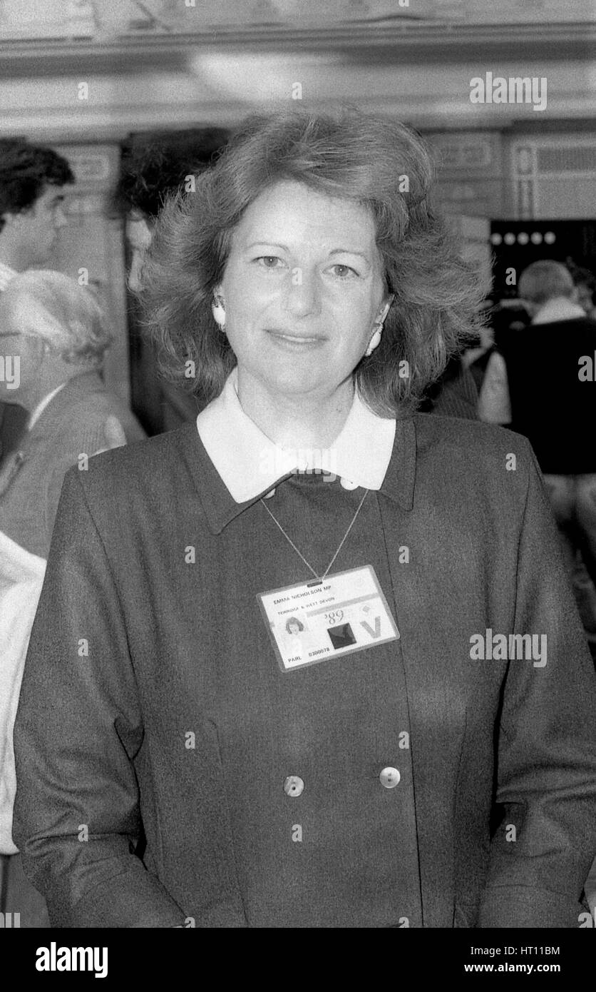 Emma Nicholson, Conservative party Member of Parliament for Devon West and Torridge, attends the party conference in Blackpool, England on October 10, 1989. Stock Photo