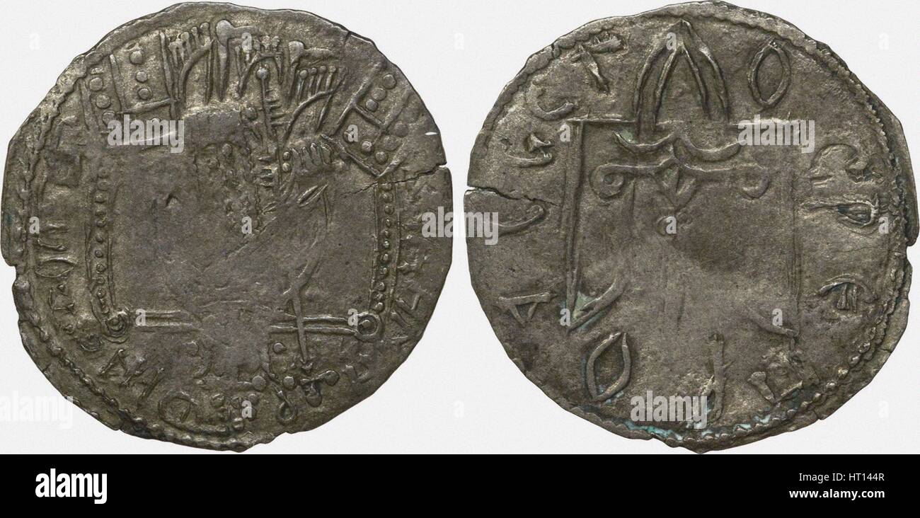 Coin (Srebrennik) of Grand Duke Vladimir Svyatoslavich (Reverse: Symbol of Rurikids), 980-1015. Artist: Numismatic, Russian coins Stock Photo