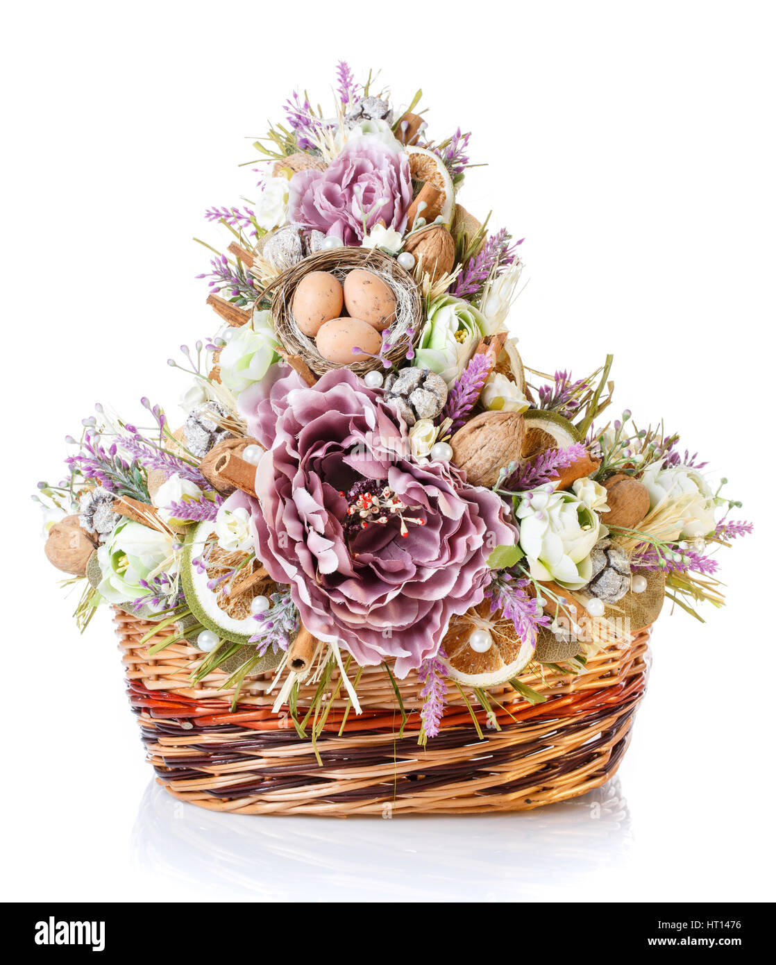 beautifully decorated empty wicker basket on a white background Stock ...