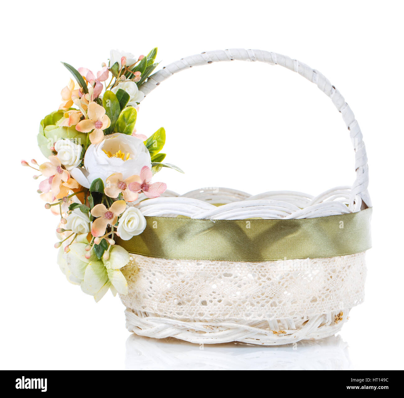 wicker basket decorated with flowers isolated on white Stock Photo - Alamy