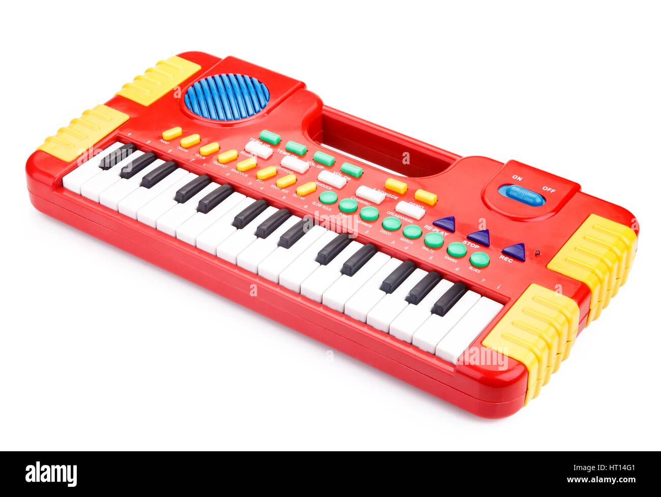 Children toy piano on white. keyboard instrument Stock Photo