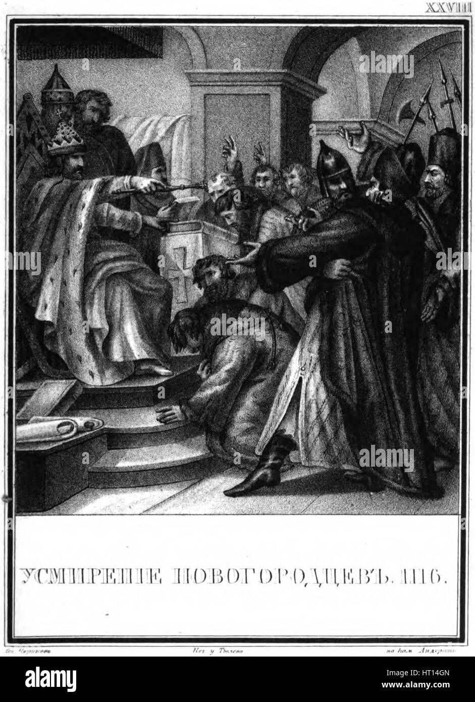 The oppression of the Novgorodians by Vladimir Monomakh. 1116 (From Illustrated Karamzin), 1836. Artist: Chorikov, Boris Artemyevich (1802-1866) Stock Photo