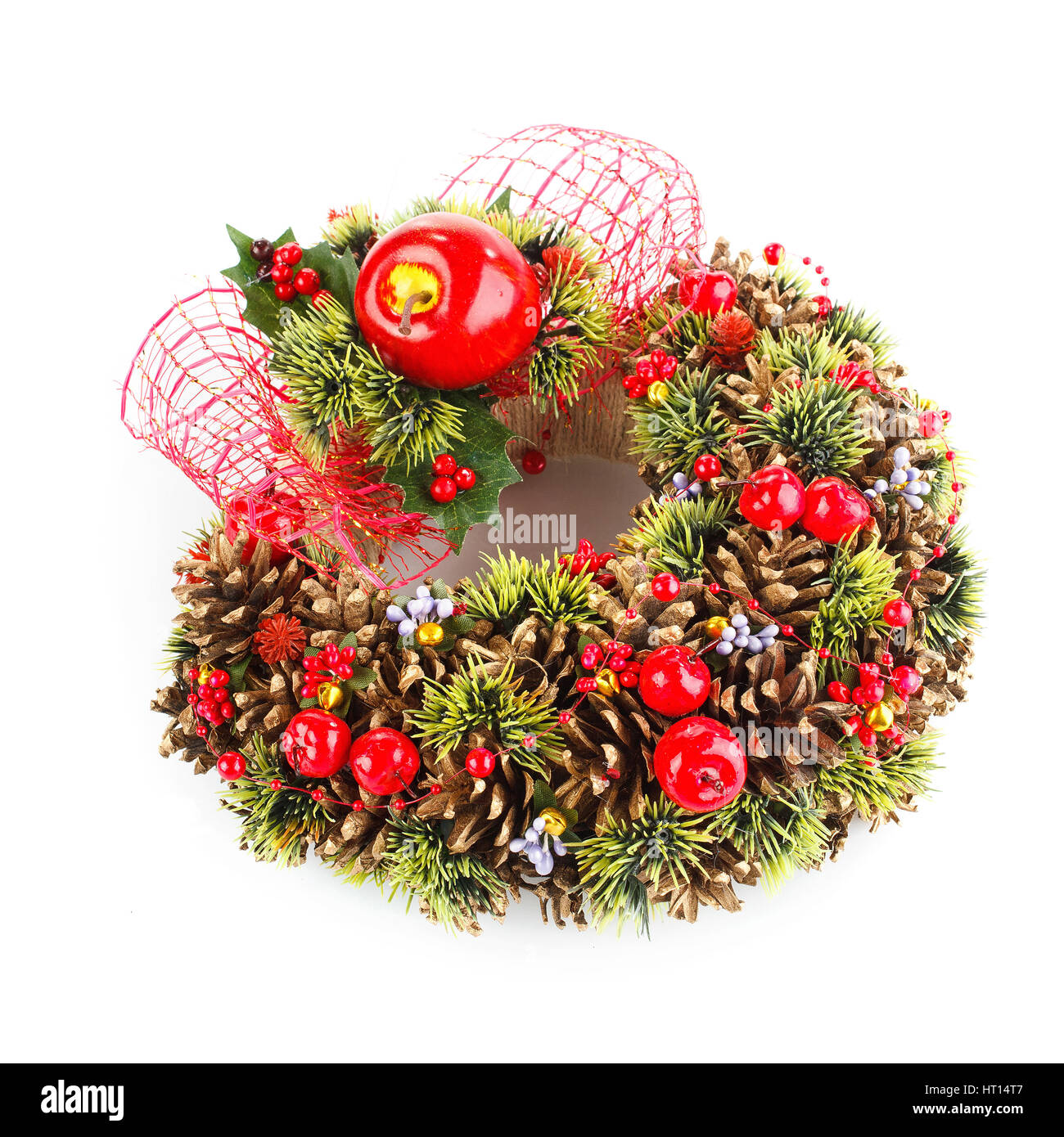 green christmas wreath with decorations isolated on white background ...