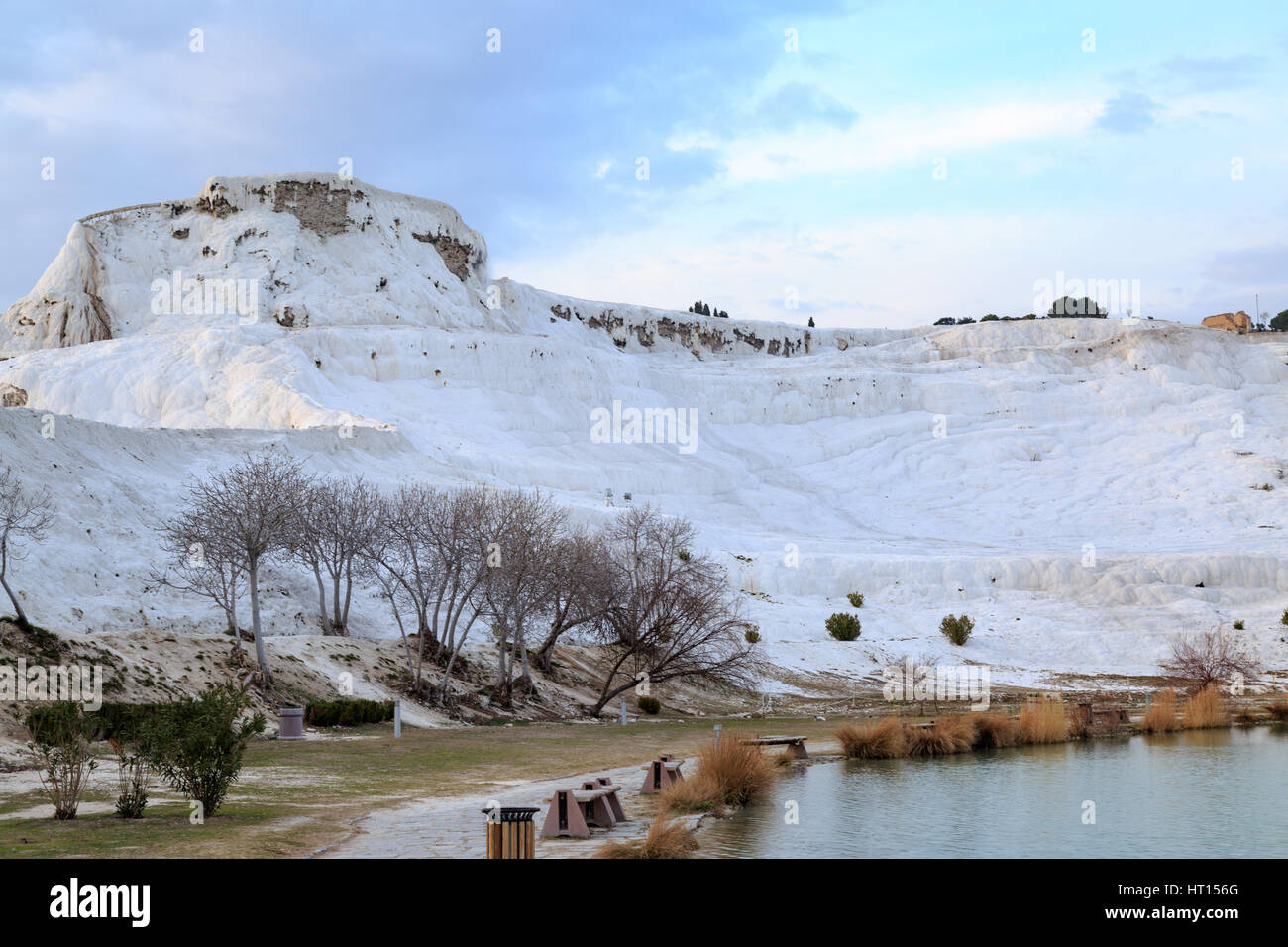 Pamukkale view from park wiht turquiose water Stock Photo
