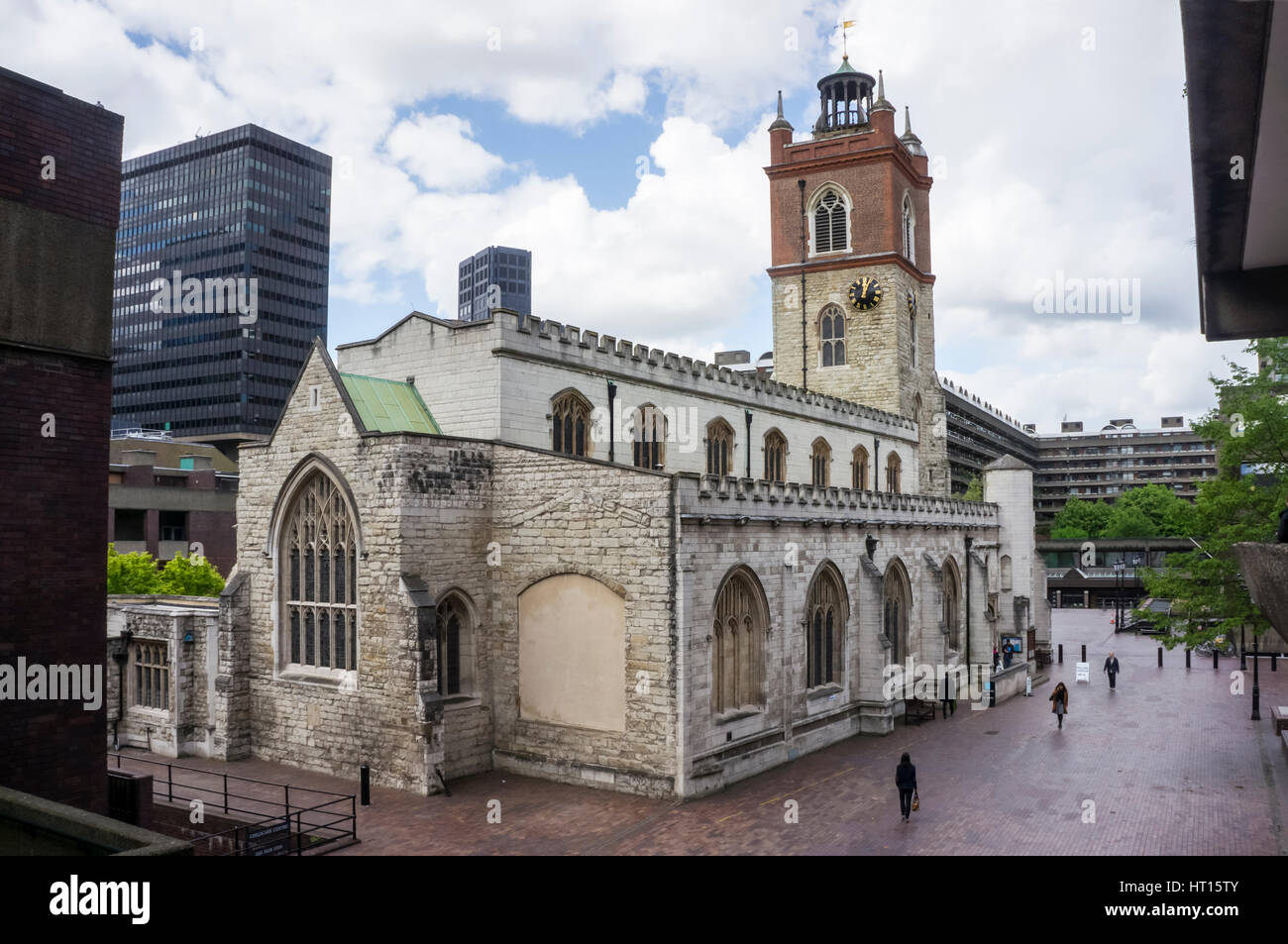 St Giles Cripplegate is a Perpendicular Gothic church in the City of London on the Barbican estate. It was built in Middle Ages and rebuilt after WWII Stock Photo