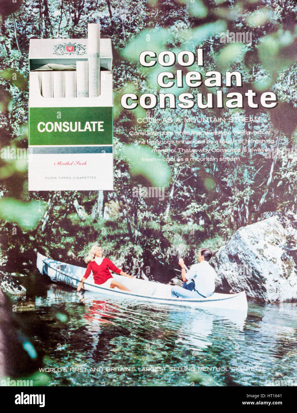 A 1960s magazine advertisement for Consulate filter-tipped menthol cigarettes. Stock Photo