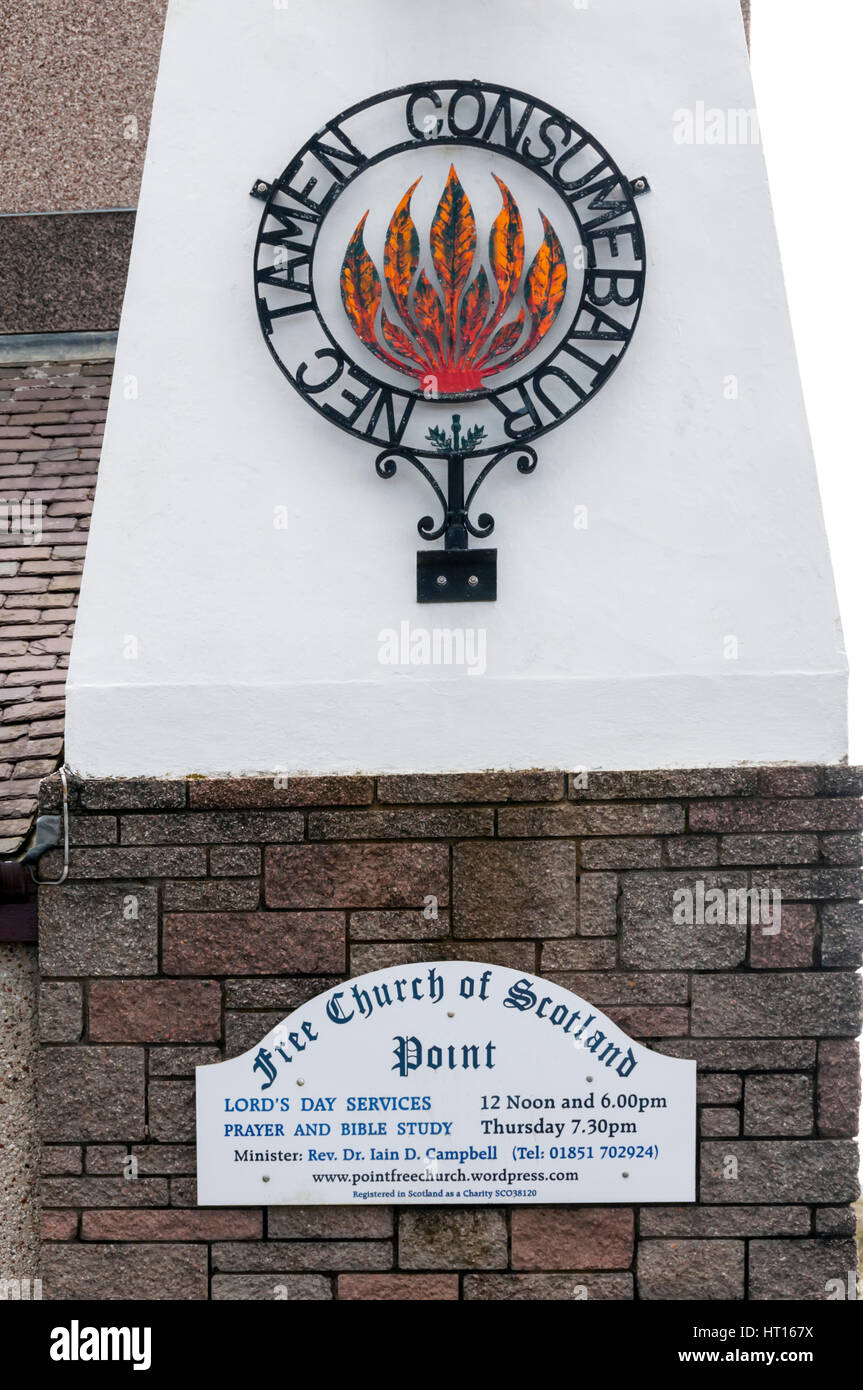 The burning bush symbol of the Free Church of Scotland on Point Church on the Isle of Lewis. Stock Photo