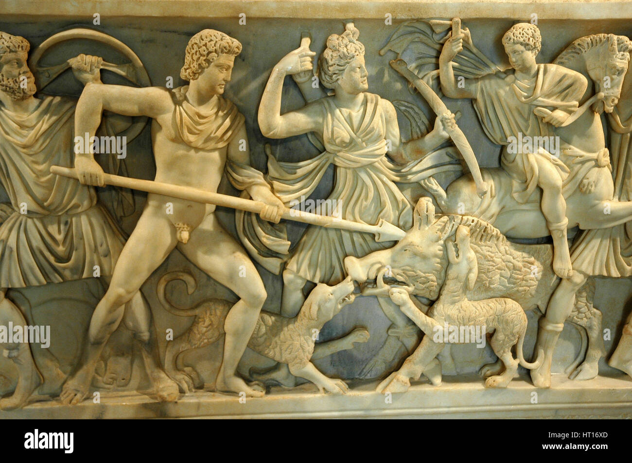 Roman sarcophagus with relief of the Calydonian Boar Hunt.  According to Greek mythology the Calydo Artist: Werner Forman. Stock Photo