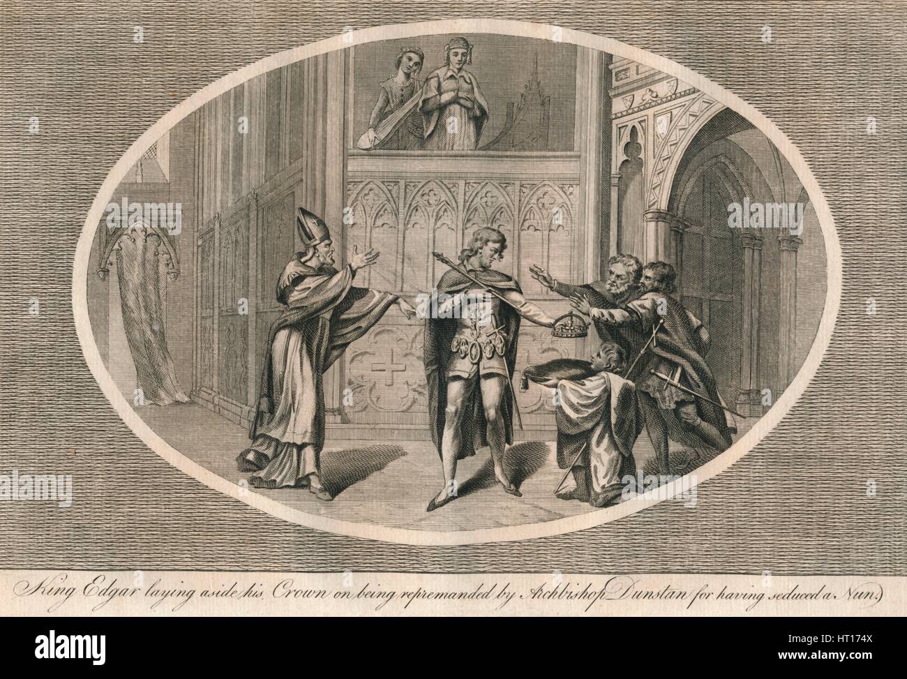King Edgar laying aside his crown on being repremanded by Archbishop Dunstan, c960s (1793). Artist: Unknown. Stock Photo