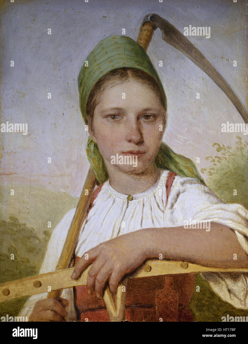 Peasant woman with a scythe and rake, before 1825. Artist: Venetsianov, Alexei Gavrilovich (1780-1847) Stock Photo