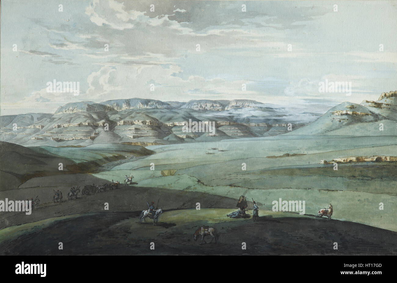 View of Caucasian Mineral Waters and the Kislovodsk Fortress, 1805. Artist: Korneev (Karneev), Yemelyan Mikhaylovich (ca 1780-after 1839) Stock Photo