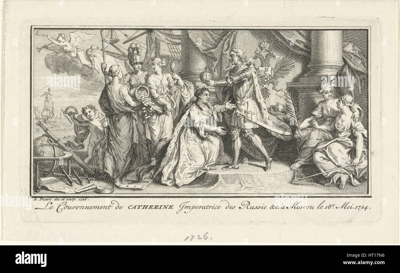 Peter the Great crowns his wife Catherine I as Empress, 1726. Artist: Picart, Bernard (1673–1733) Stock Photo