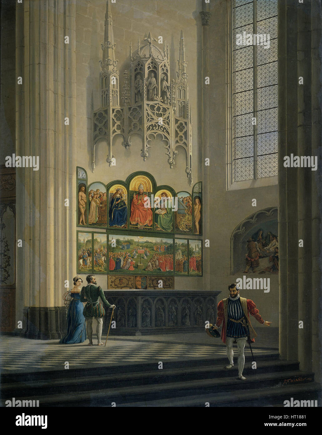 The Ghent Altarpiece in St Bavo Cathedral in Ghent, 1829. Artist: De Noter, Pieter-Frans (1779-1842) Stock Photo