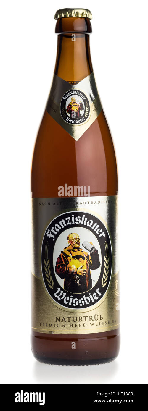 Bottle of German Franziskaner wheat beer, isolated on a white ...